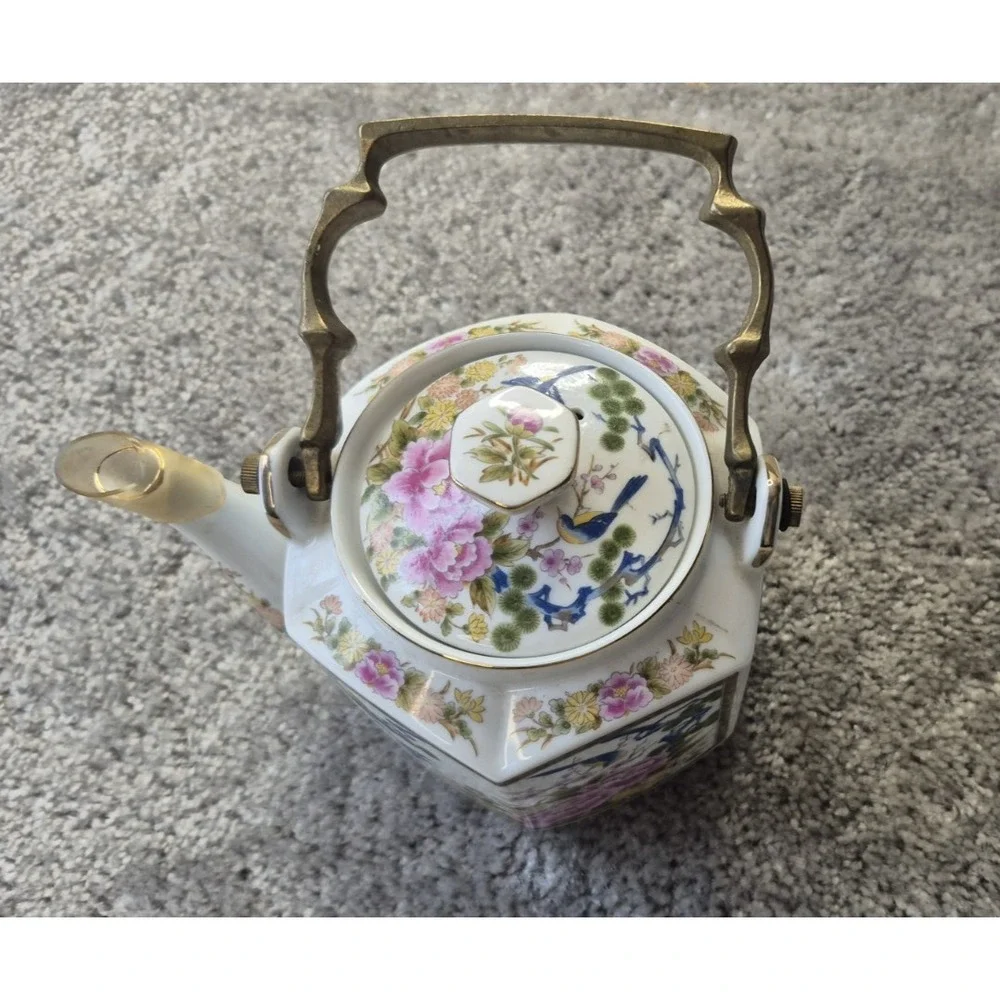Vtg Japanese Porcelain Teapot‎ Brass Handle w/ Flowers Birds Gold Trim Homco